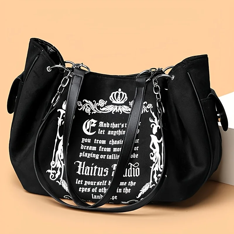 Letter Print Faux Suede Women Handbag Shoulder Bag, Retro Large Capacity Tote Bag for Daily Commuting and Hand-Carry.Pumpkin Bag - Image 2