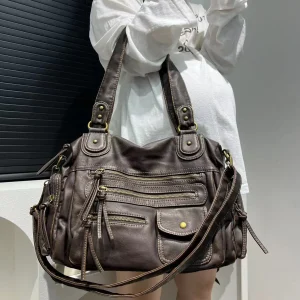 Y2K Hot Girl Single Shoulder Crossbody Bag Vintage Washed Leather Motorcycle Bag Large Capacity Multi Pocket Bag