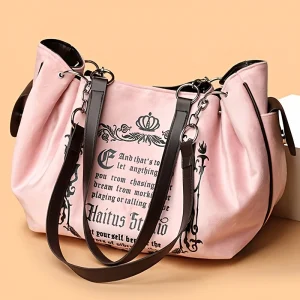 Letter Print Faux Suede Women Handbag Shoulder Bag, Retro Large Capacity Tote Bag for Daily Commuting and Hand-Carry.Pumpkin Bag